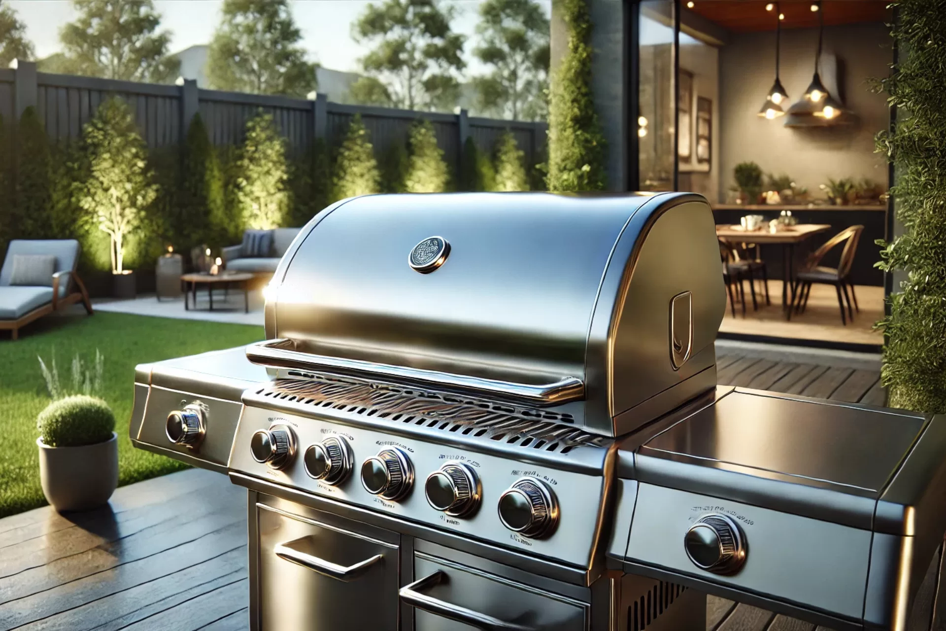 A gas grill outdoors in the background of a house made out of wood.