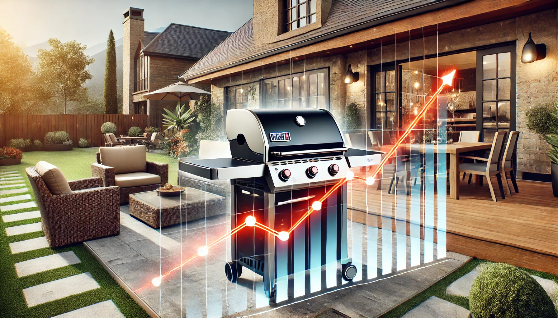 A grill in a backyard with a digital graph showing the price trend rising.